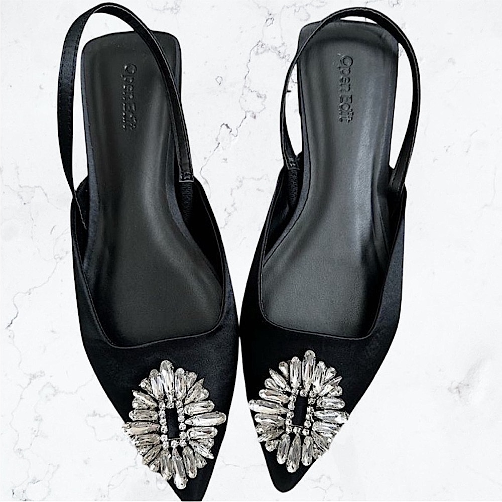 Open Edit Kendall Crystal Slingback Flats Black Satin Size 10 – Like New